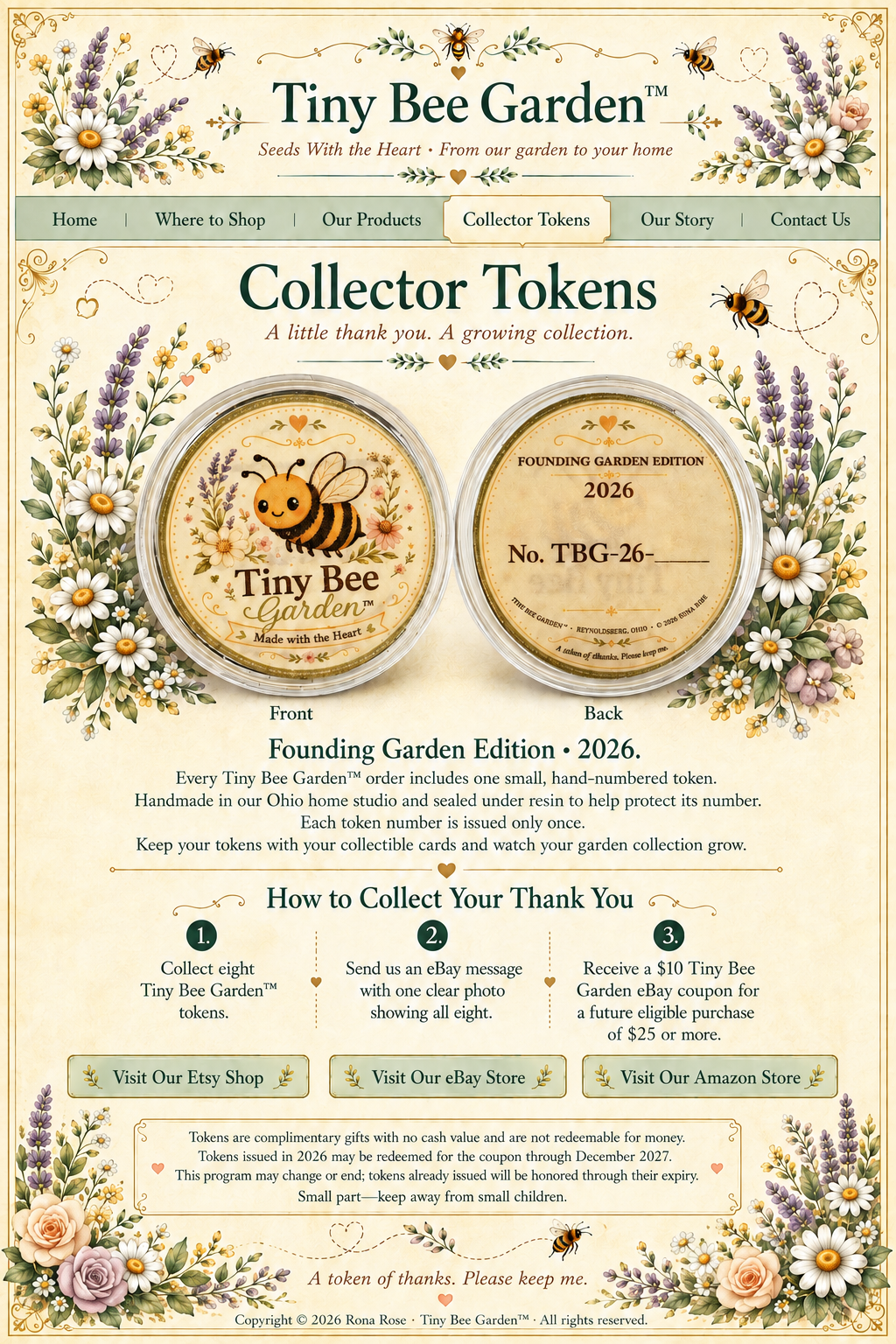 Tiny Bee Garden Collector Tokens. Botanical artwork showing the bee-design front and Founding Garden Edition 2026 back of a token.