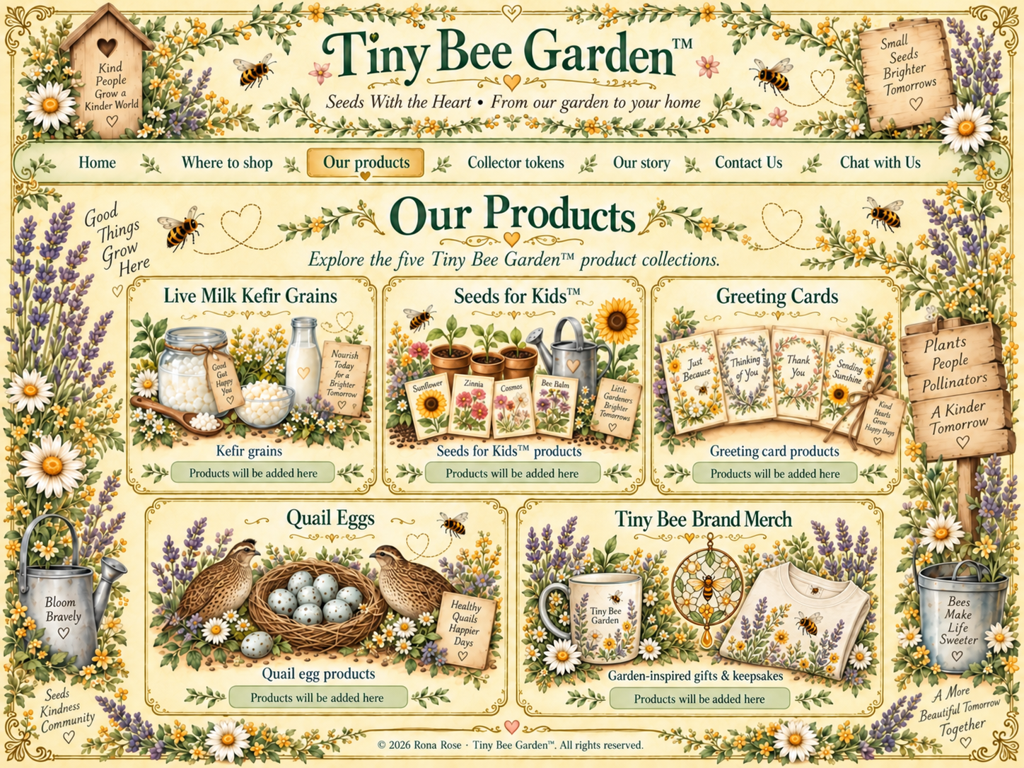 Tiny Bee Garden Our Products page with five product categories.