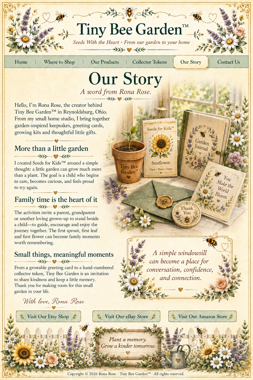 Our Story — A word from Rona Rose. Botanical illustration of a sunny windowsill, growing pot, journal, seed packet and keepsake card.