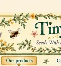 Tiny Bee Garden Our Products botanical header — left-center garden scene