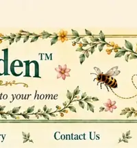 Tiny Bee Garden Our Products botanical header — right-center garden scene