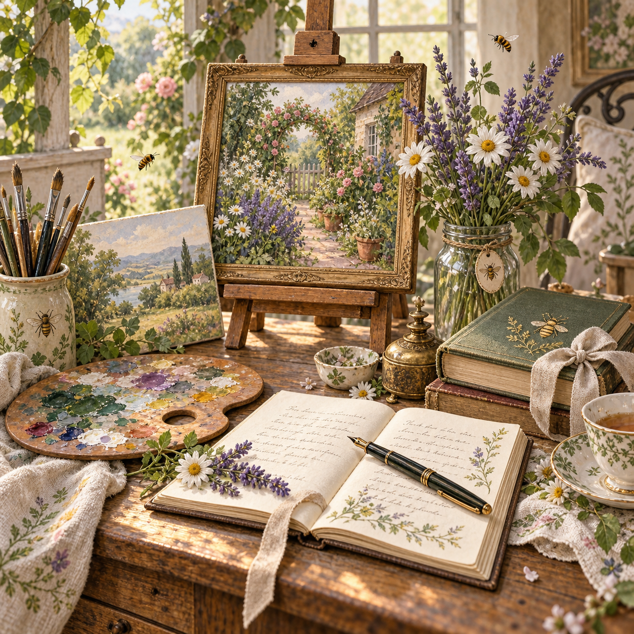 A garden artist’s studio with paintings, brushes and an open poetry manuscript