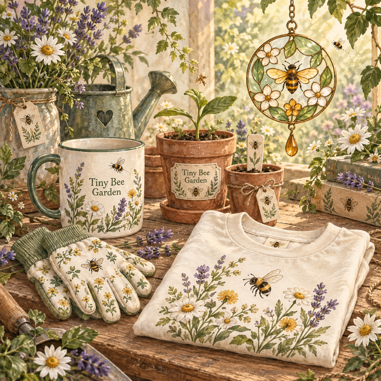 Tiny Bee Garden branded nursery pots, mug, gloves, T-shirt and suncatcher