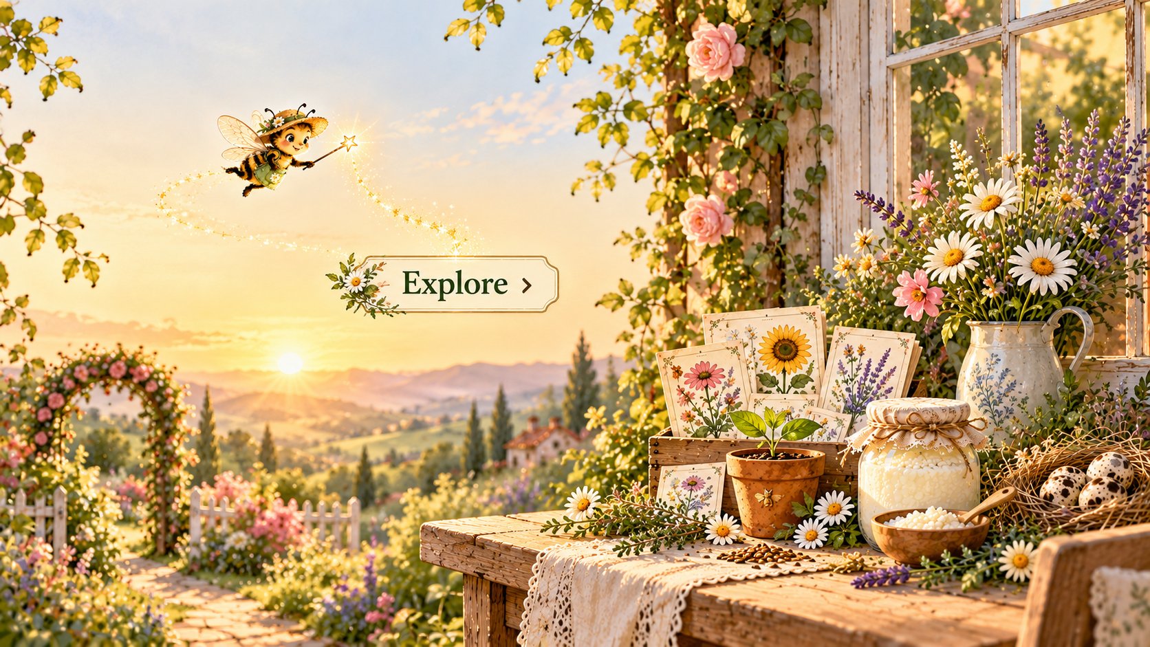 Sunlit garden with Tiny Bee guiding visitors to Explore, and botanical cards, a sprout, kefir grains, quail eggs and gifts