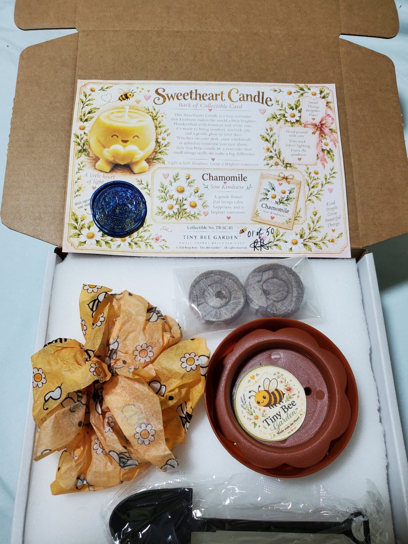Sweetheart Candle Luxury Box with Handmade Beeswax Candle, Collectible Card & Chamomile Seeds — General view of the opened box