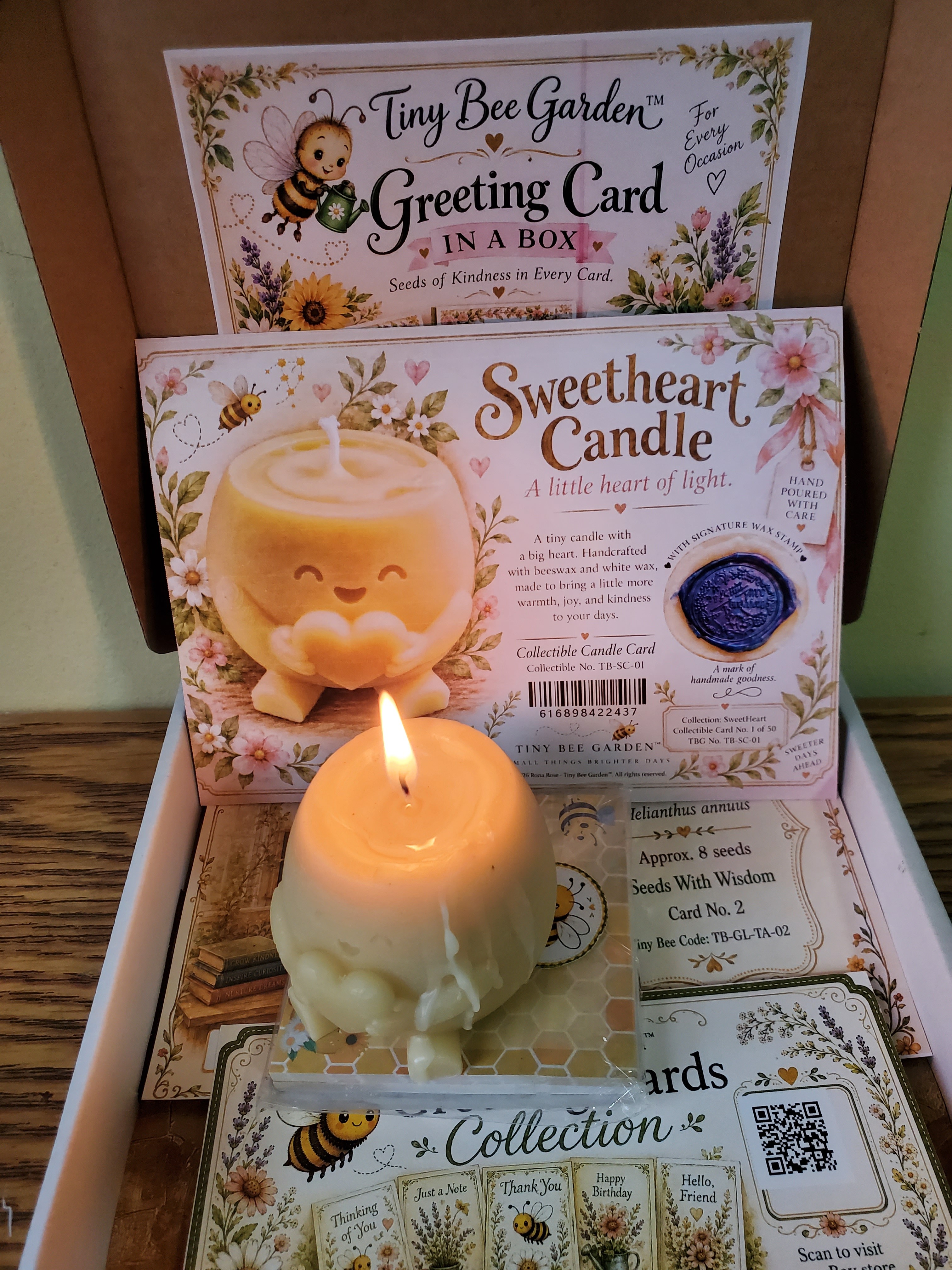 Sweetheart Candle Luxury Box with Handmade Beeswax Candle, Collectible Card & Chamomile Seeds — Box with the candle lit