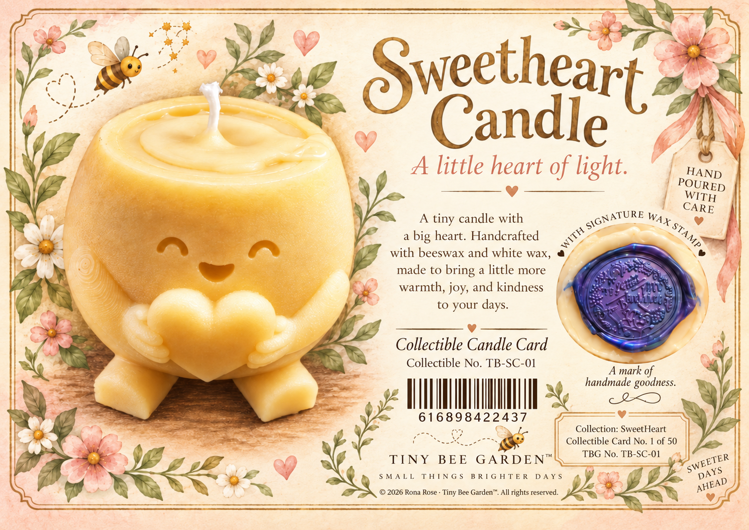 Sweetheart Handmade Beeswax Candle Collectible Card & Chamomile Seeds — Front