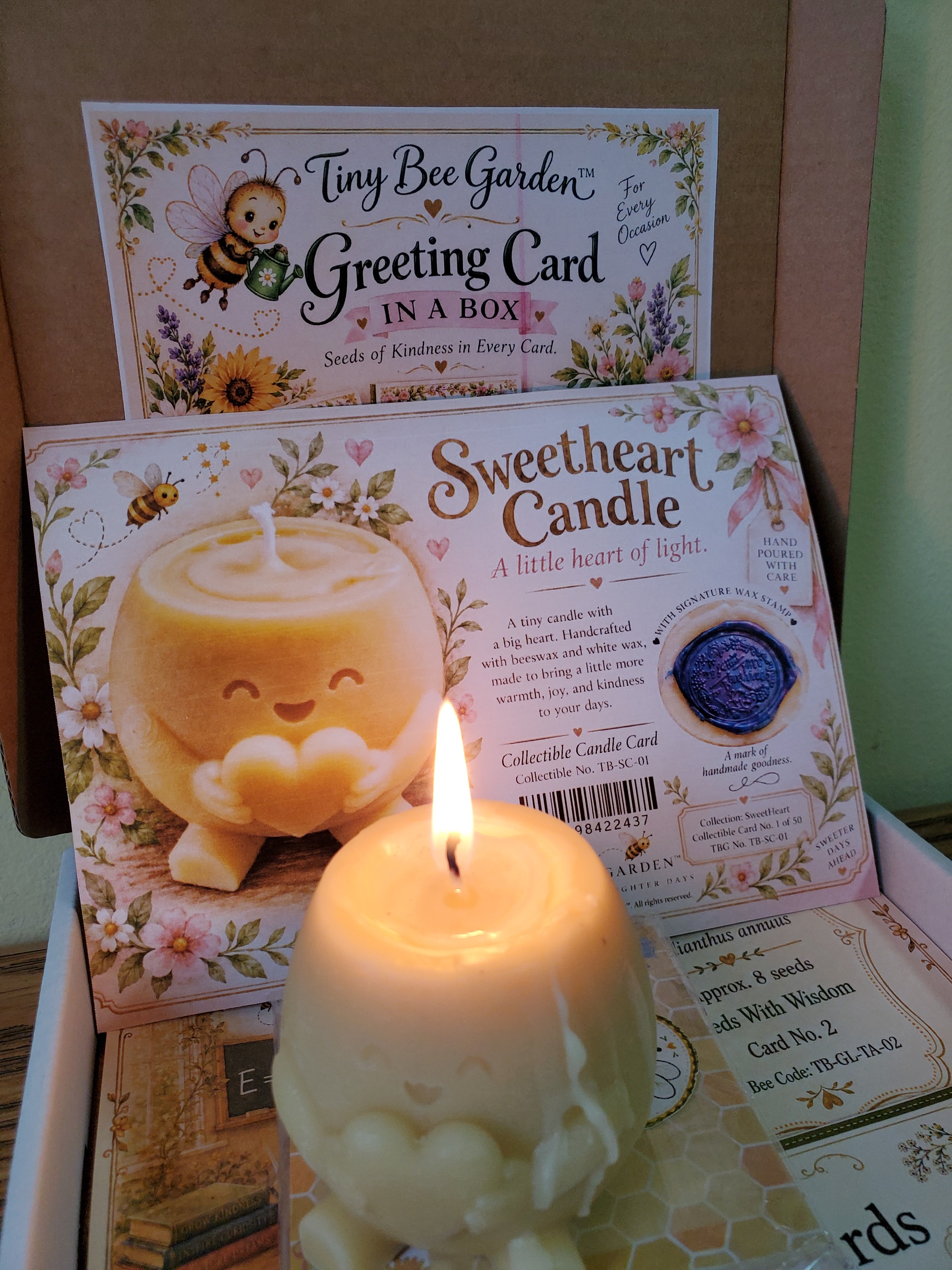 Sweetheart Candle Luxury Box with Handmade Beeswax Candle, Collectible Card & Chamomile Seeds — Sweetheart Collection