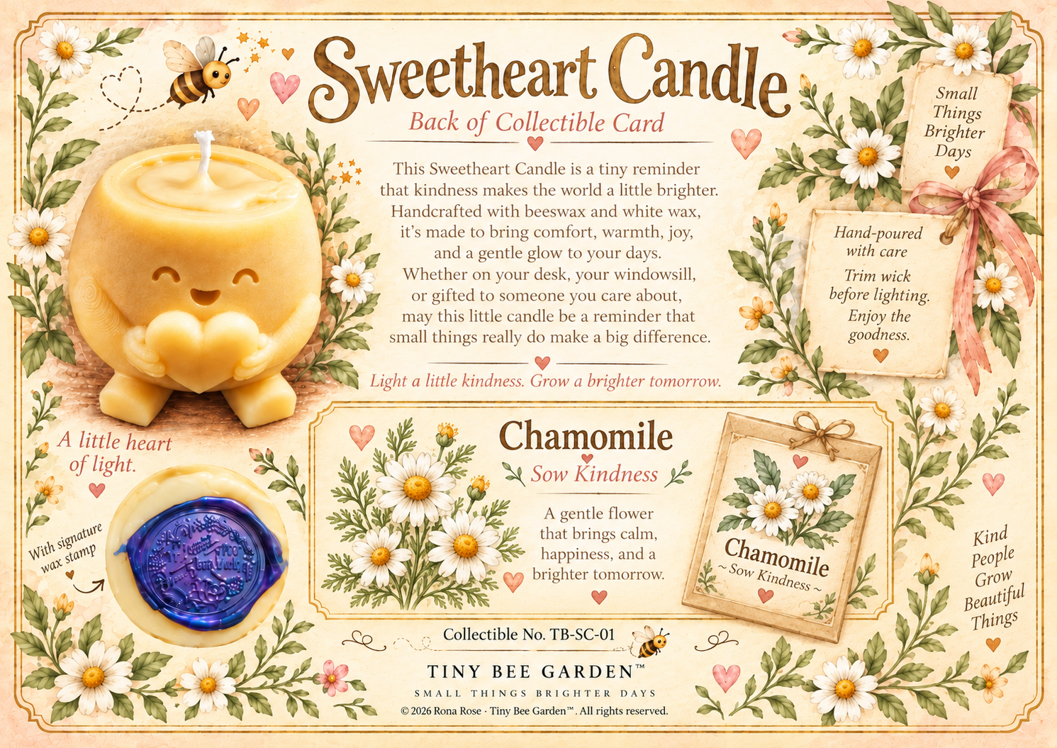 Sweetheart Handmade Beeswax Candle Collectible Card & Chamomile Seeds — Back